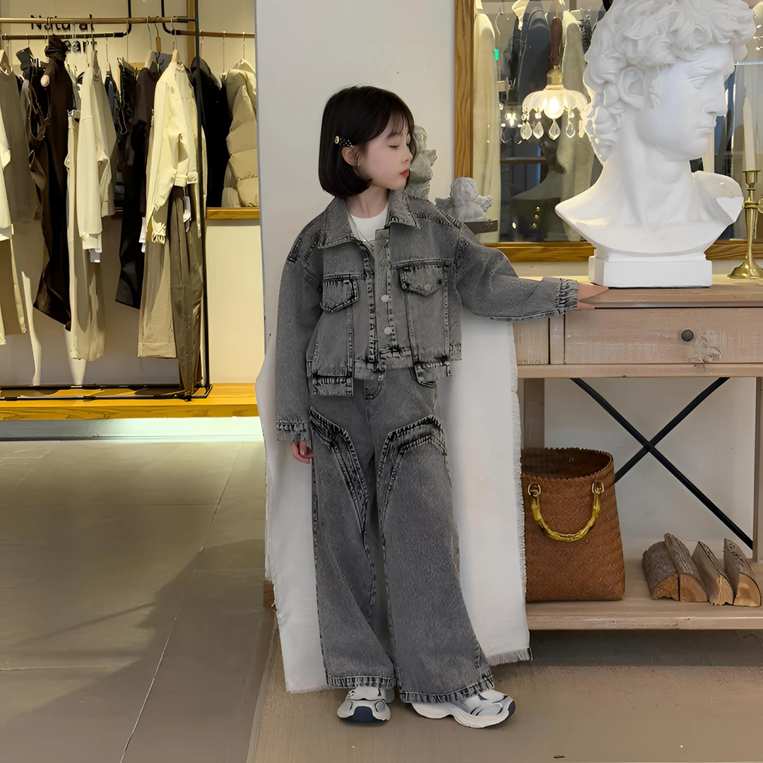 女童复古重工黑底炒色牛仔套装2025春装大儿童韩版潮酷穿搭两件套