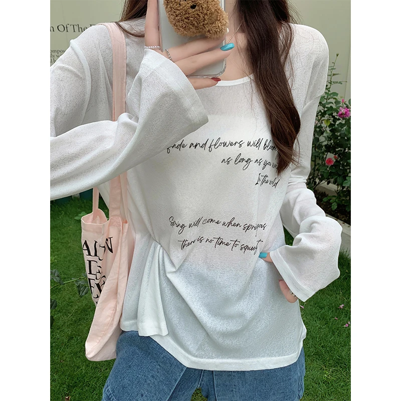 美式字母印花长袖防晒罩衫女2025新款夏季宽松遮肉显瘦慵懒感上衣