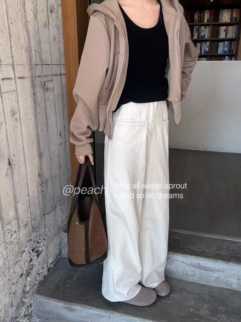 Peach自制 重磅秋冬高腰直筒抓绒休闲牛仔长裤 7651