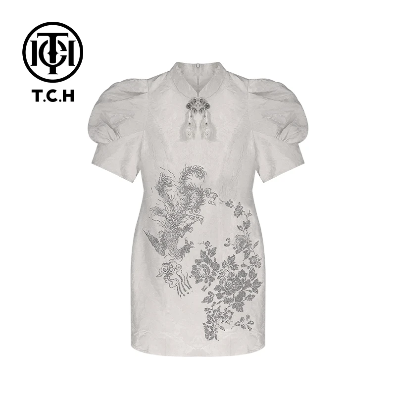 线上-TCH新中式2025夏款泡泡袖重工烫钻国风连衣裙T72B30E8018