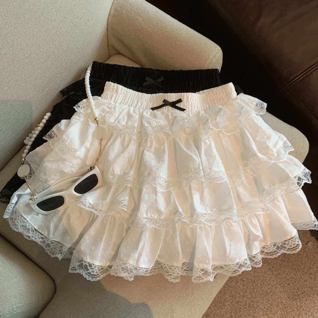 白色蝴蝶结蕾丝蛋糕半身裙女夏季芭蕾风纯欲高腰显瘦a字蓬蓬短裙