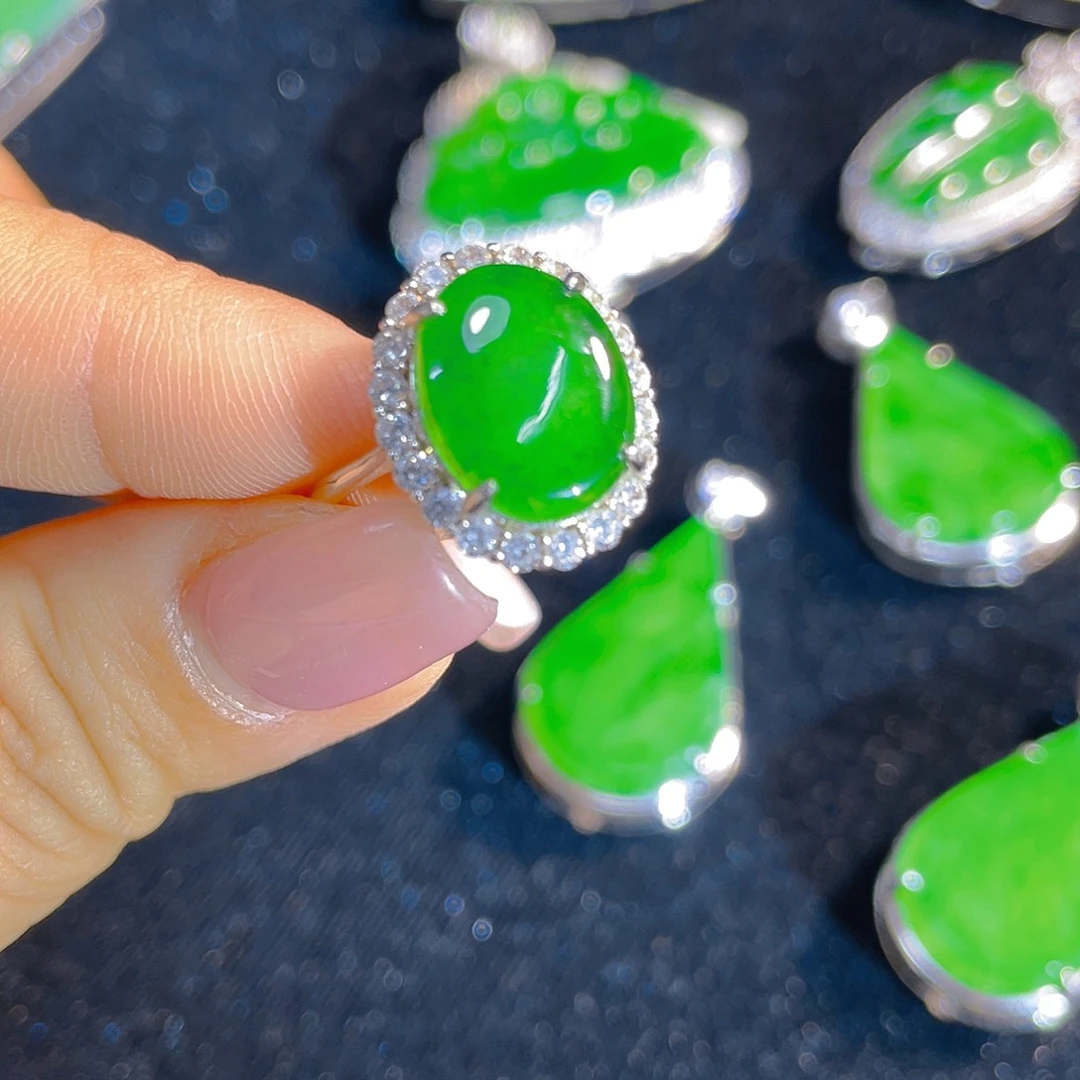 翡翠戒指银S925镶嵌天然