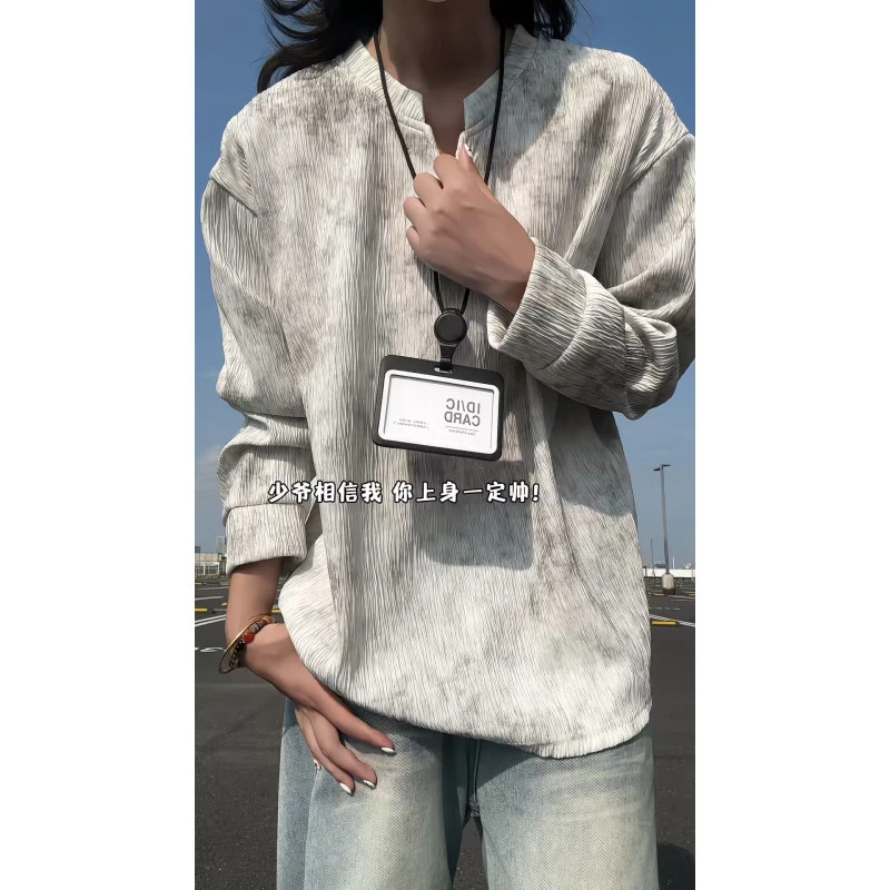 美式扎染冰丝短袖t恤男夏季薄款肌理感v领五分袖大码宽松休闲上衣