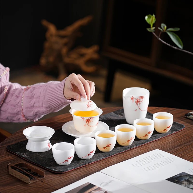 高档冰种玉瓷纯手绘红竹茶具套装功夫茶具中国白盖碗轻奢礼盒装