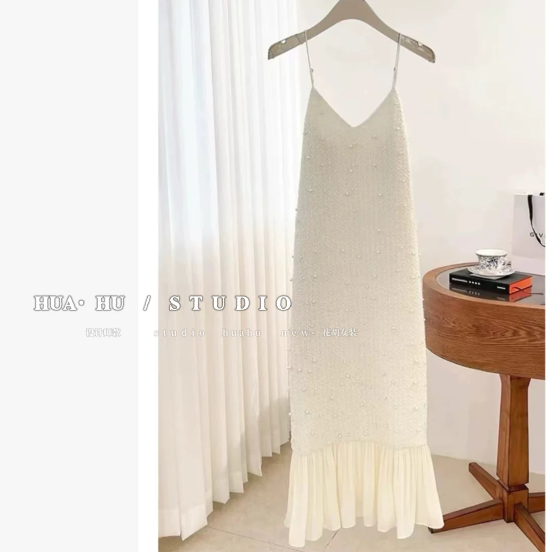 【赫拉】法式小香风手工订珠拼接吊带连衣裙秋冬new