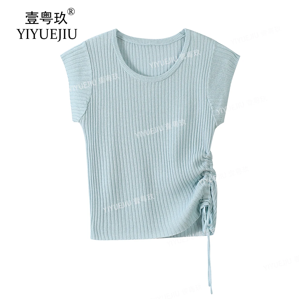 【现货】夏季抽绳针织衫短袖女修身韩版时尚纯色T恤设计感上衣百搭