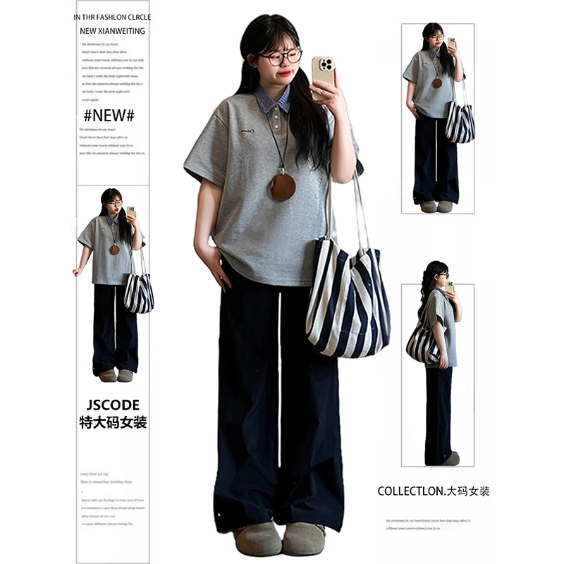 胖mm特大码女装夏日减龄穿搭格纹Polo衫T恤女遮肚子宽松显瘦上衣