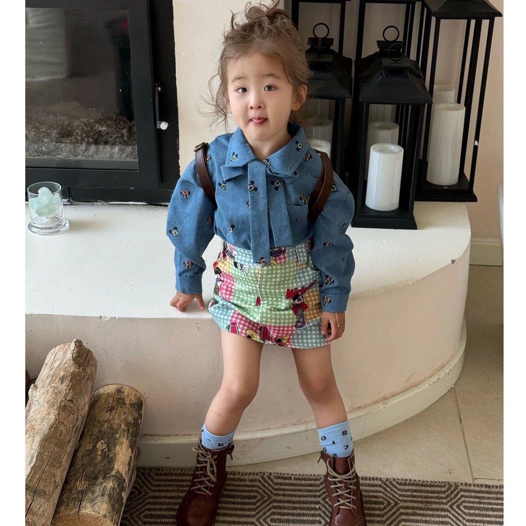 现货2025秋季新款韩版女童洋气卡通蓝衬衫搭多巴胺彩色半裙套装