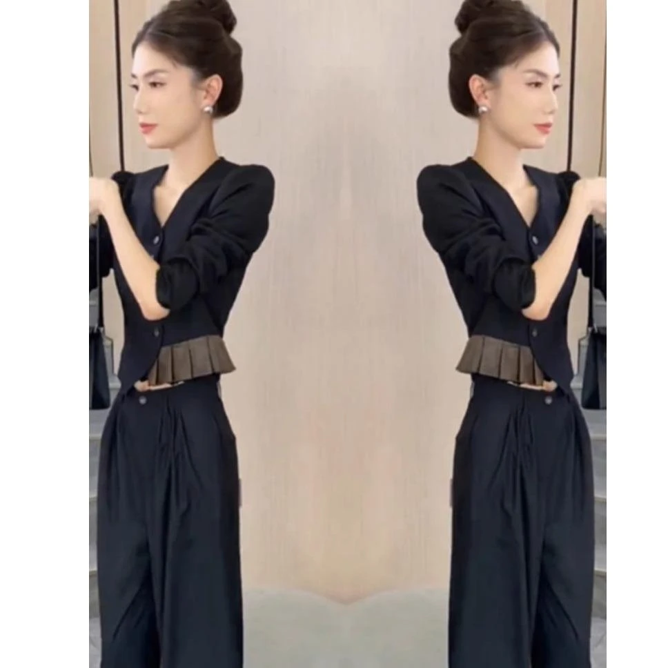 时尚职业范套装女2025年秋季新款撞色休闲压褶单排扣上衣+阔腿裤