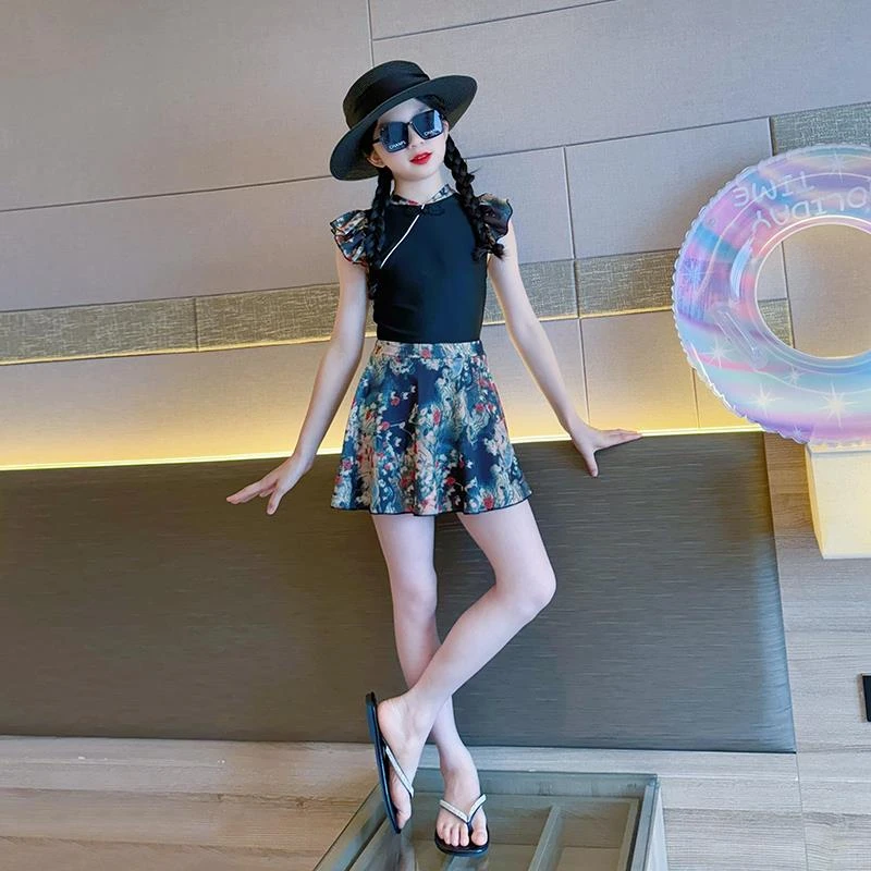 泳衣国风初中生2025新款女大童泡温泉游泳衣12岁女童