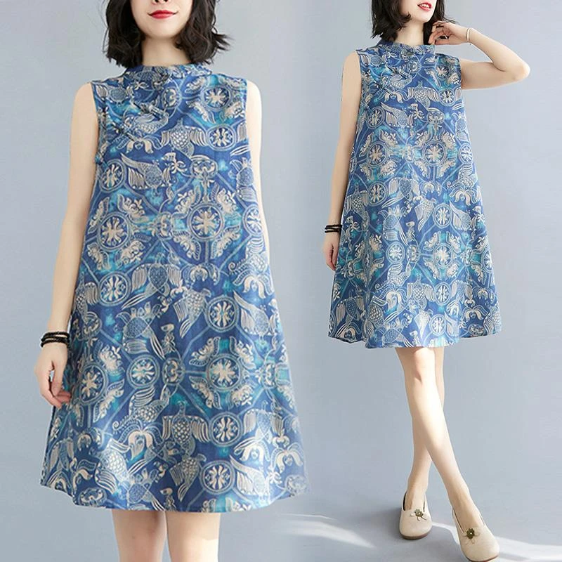 气质韩版中年女士复古外贸一线出口尾单清仓改良印花棉麻背心旗袍