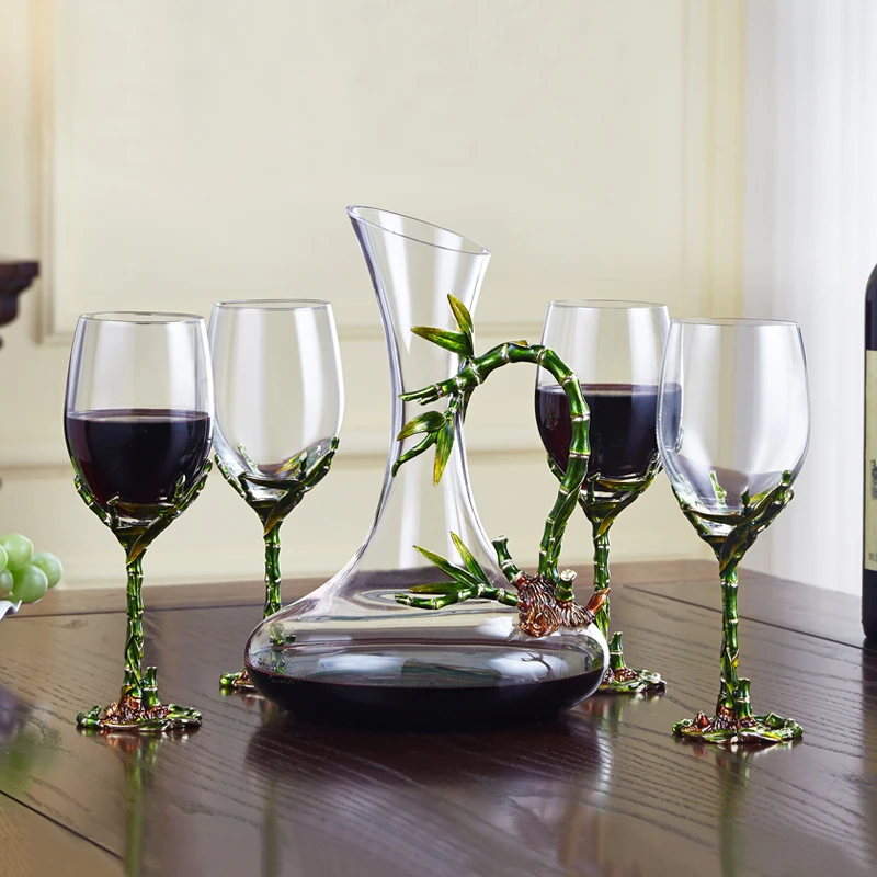 竹节酒具套件玻璃红酒具个性创意两只装高脚杯醒酒器套装乔迁送礼