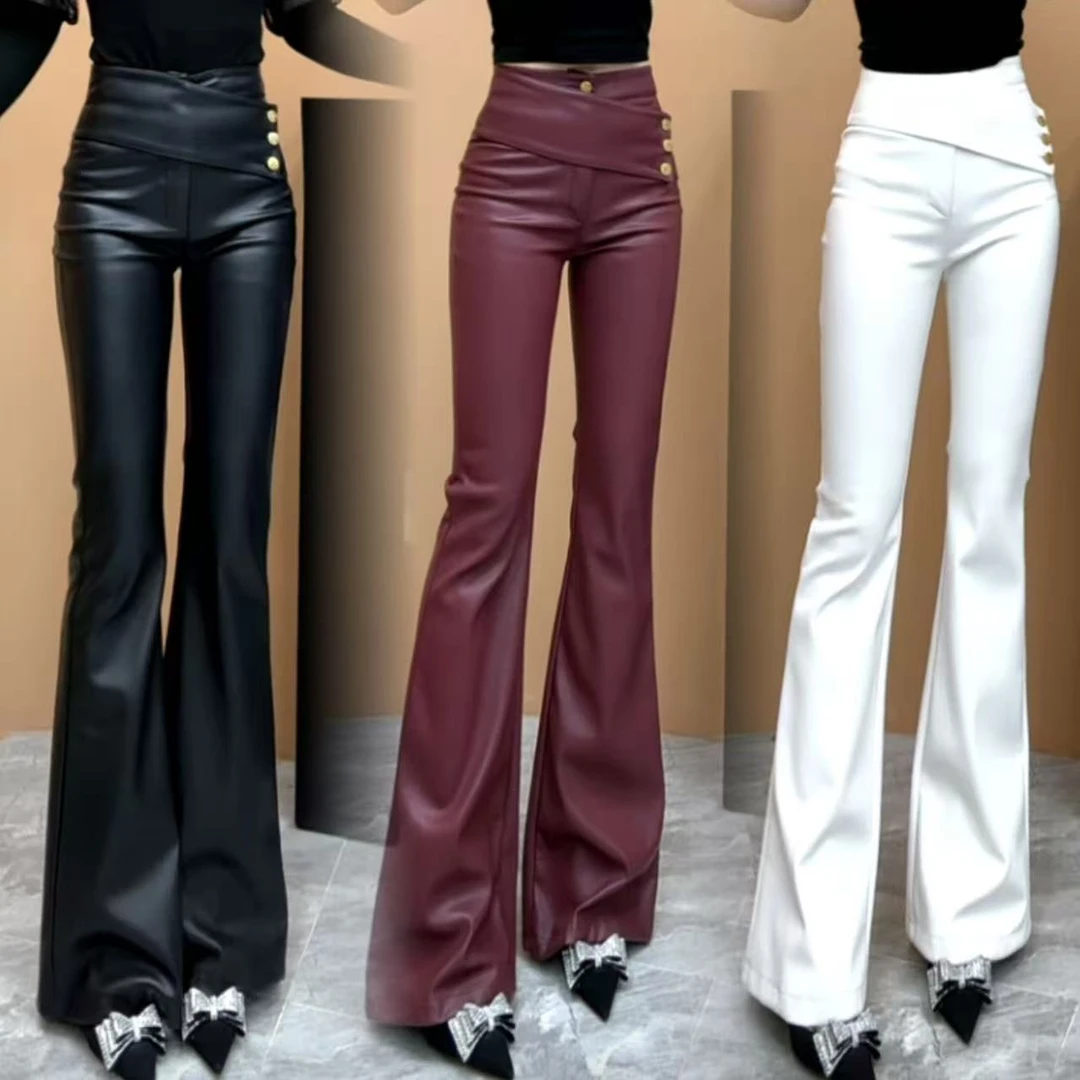 秋冬新款磨毛侧边斜三扣高腰显瘦修身休闲皮喇叭裤