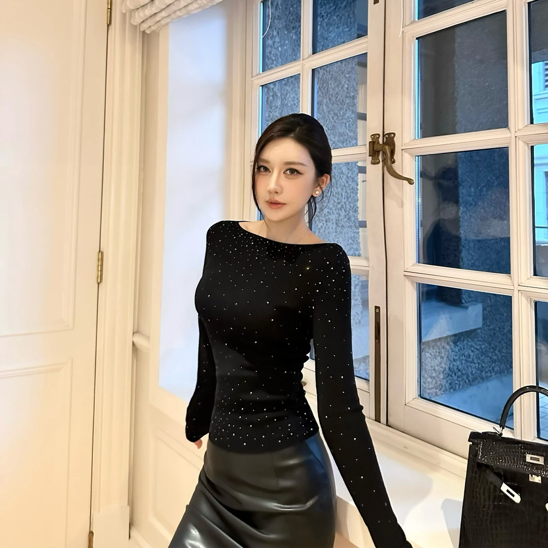 SX善喜一字肩烫钻针织衫女弹力修身长袖T恤收腰显瘦内搭打底上衣