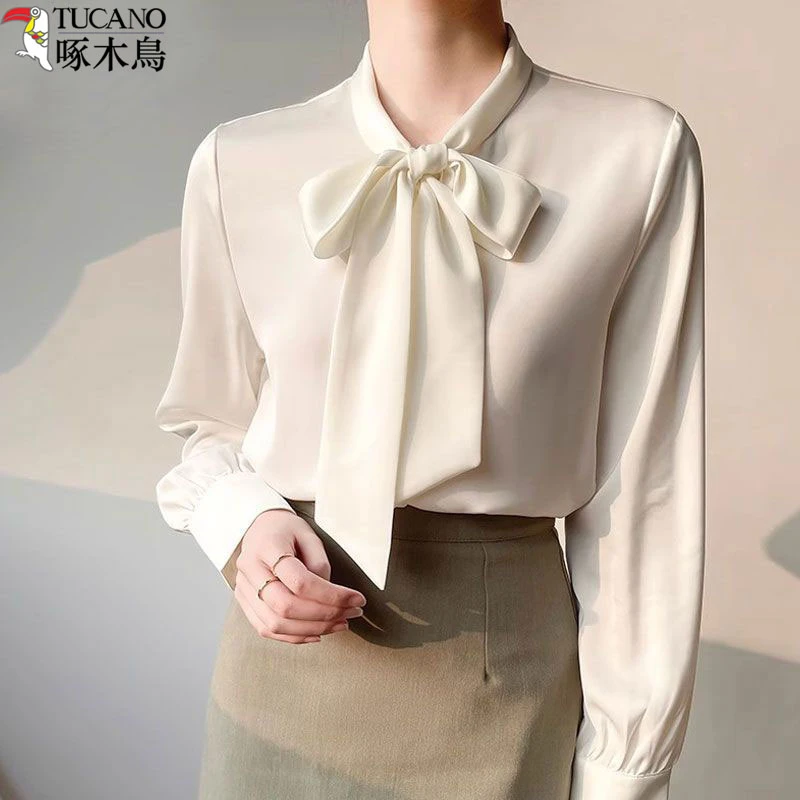TUCANO/啄木鳥百搭小众蝴蝶结宽松女白衬衫洋气上衣秋冬新款长袖