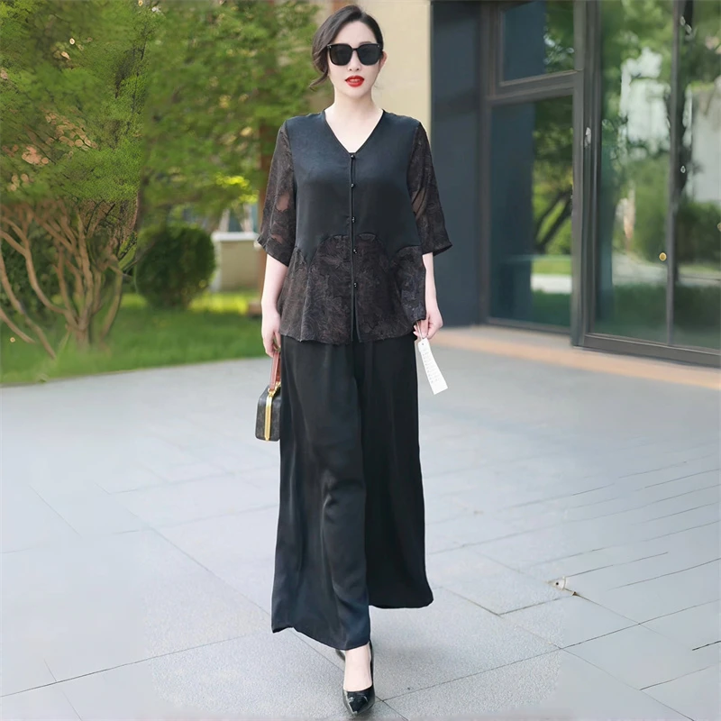 2538气质高端夏季中年妈妈拼接蕾丝上衣时尚宽松阔腿裤两件套装女
