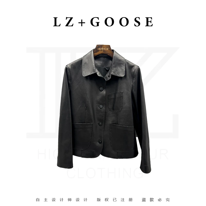 春秋新款百搭方领绵羊皮衣女外套真皮时尚简约休闲大气2588