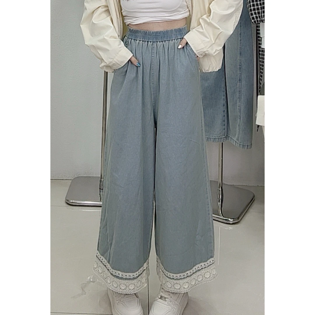 25019松紧腰蕾丝边牛仔宽腿裤