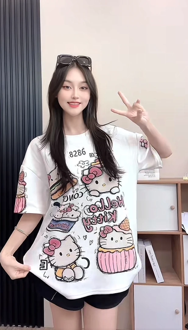 （8286kity）y2025夏季新款短袖T恤女宽松显瘦印花时尚减龄上衣女