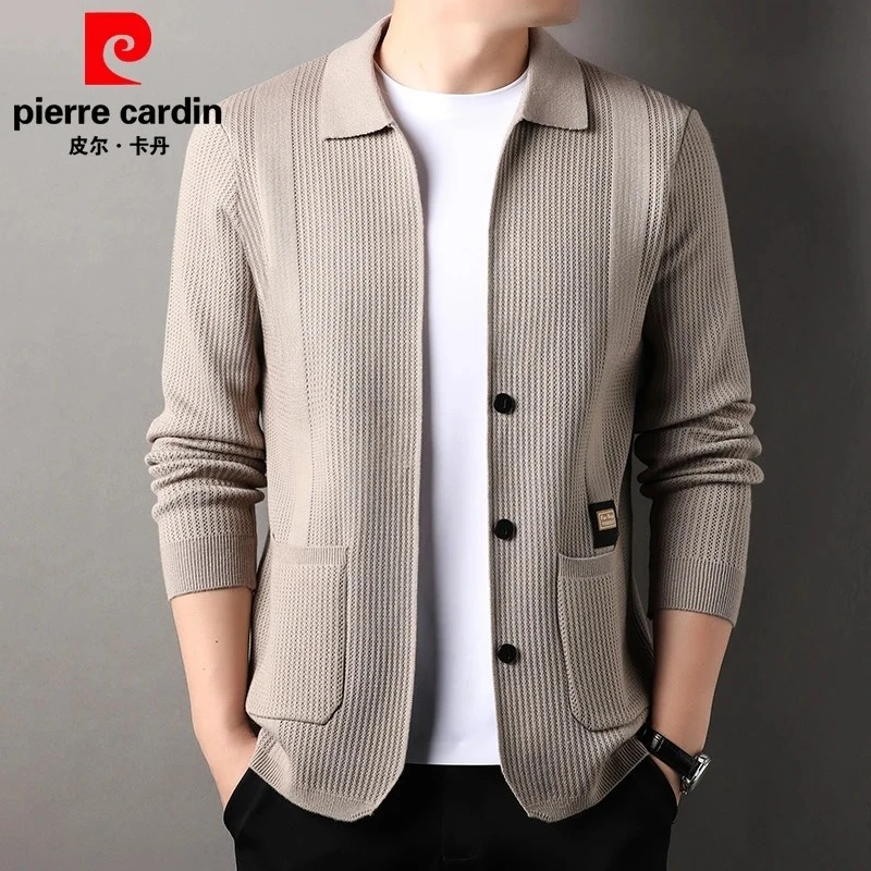 皮尔卡丹针织开衫外套男士秋季纯色翻领羊毛针织衫西装毛衣夹克男