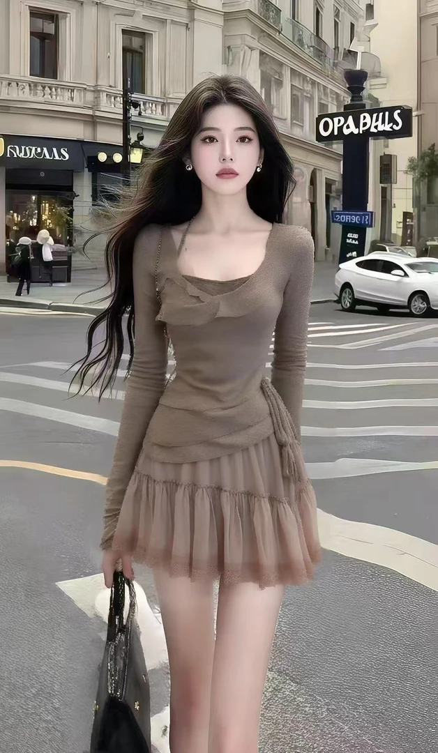 韩版时尚秋季新款长袖U领修身收腰上衣+设计感百搭半身裙两件套