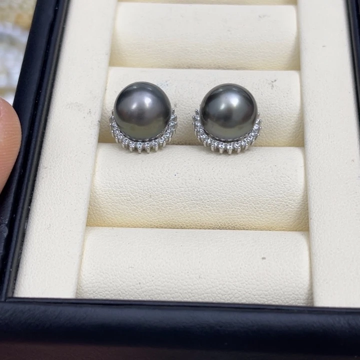 海水珍珠耳饰银S925镶嵌大溪地耳饰11-12mm