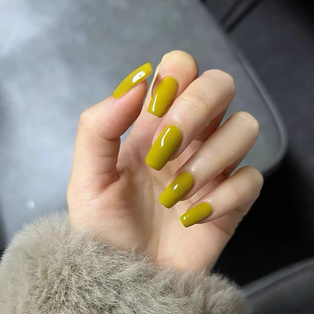 穿戴甲中短款欧美芥末黄显白纯色手工成品美甲贴片夏天防水假指甲