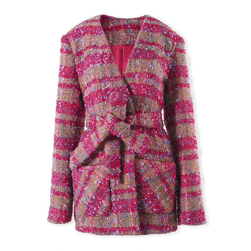 复古时尚秋冬粗花呢小香风羊毛系腰带V领百搭外套01708