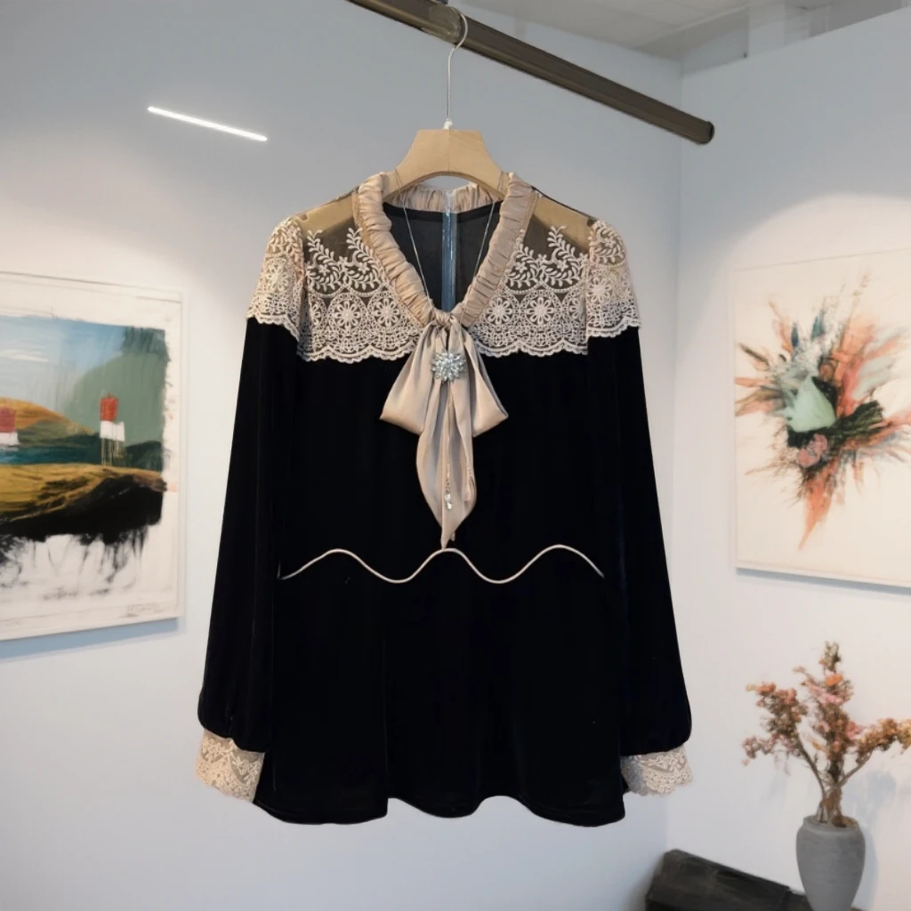 秋季新款大码女装时尚显瘦复古蕾丝拼接系带丝绒上衣