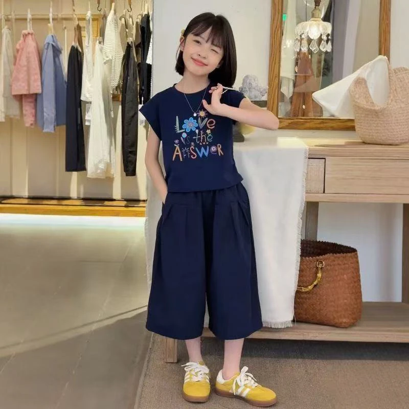 【现货】女童夏季套装25新款儿童洋气夏装大童短袖T恤阔腿裤两件套