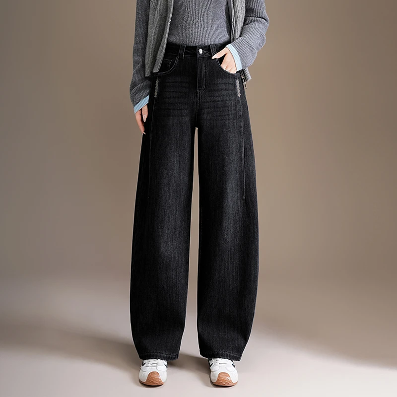 曼德西比利弯刀牛仔裤阔腿宽松秋冬超火加绒裤子女款加厚梨形裤子