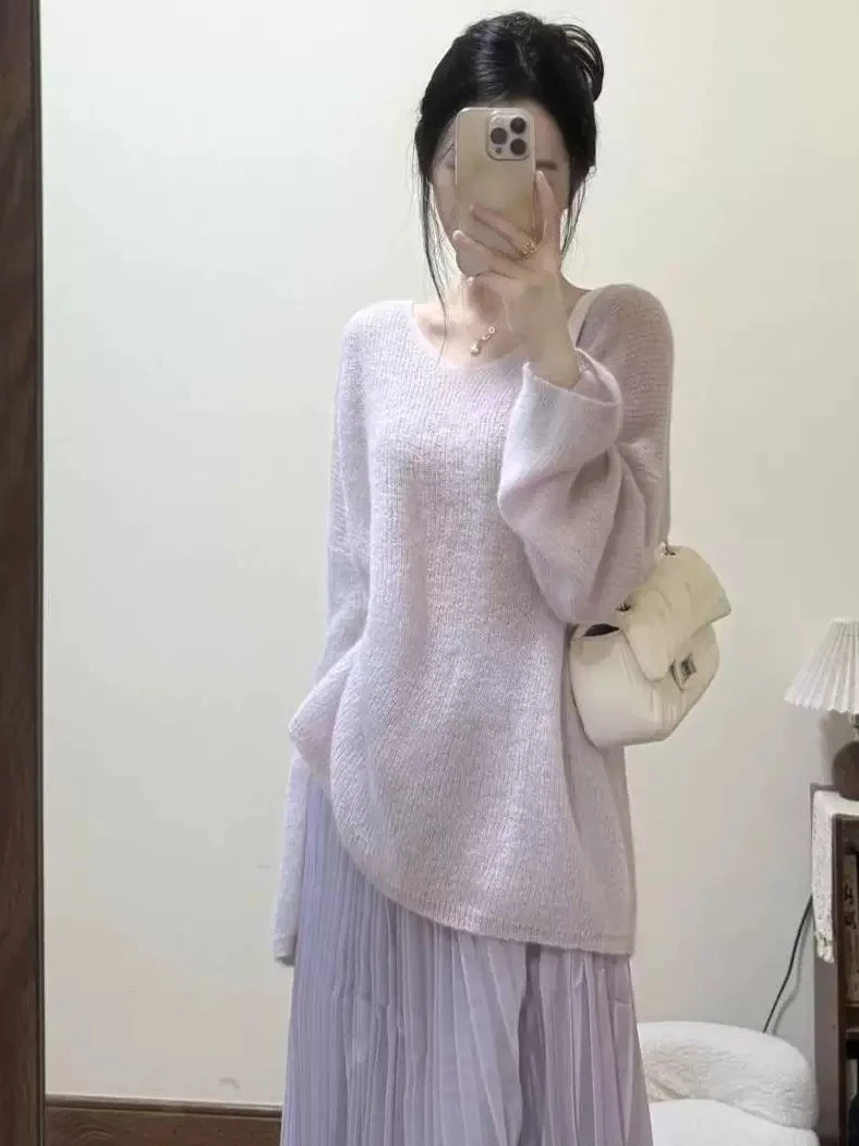 超软糯！紫色马海毛V领毛衣女2025春季新款韩版宽松针织慵懒上衣