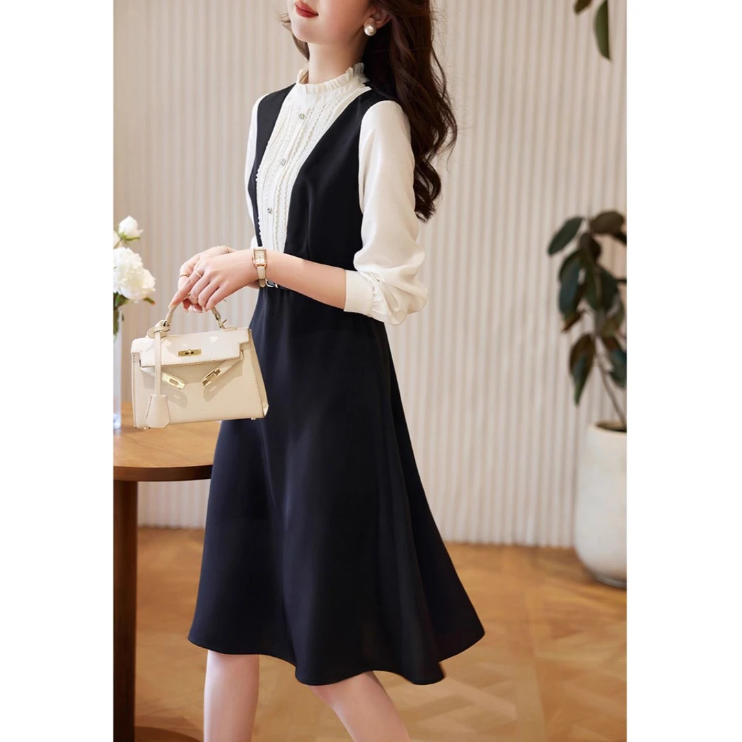 法式名媛气质黑白拼接假两件2025春秋新款收腰显瘦高端设计连衣裙