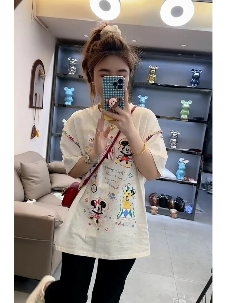 2025新款独特超好看设计感半袖上衣宽松米奇印花正肩短袖女t恤夏