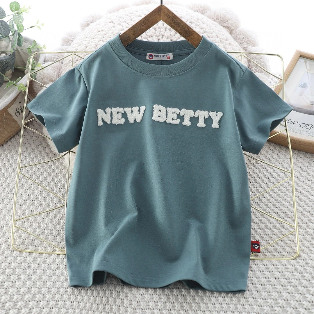 A03 儿童夏季短袖T恤圆领透气百搭上衣男童简约刺绣半截袖166