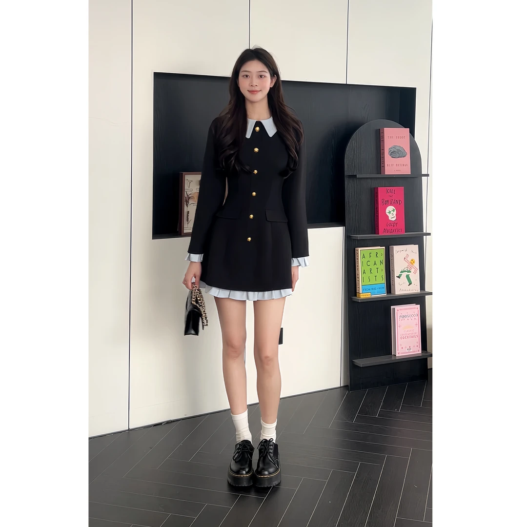 RICHINCHEESE 少女心事 韩系学院风气质拼接假两件设计显瘦西装裙