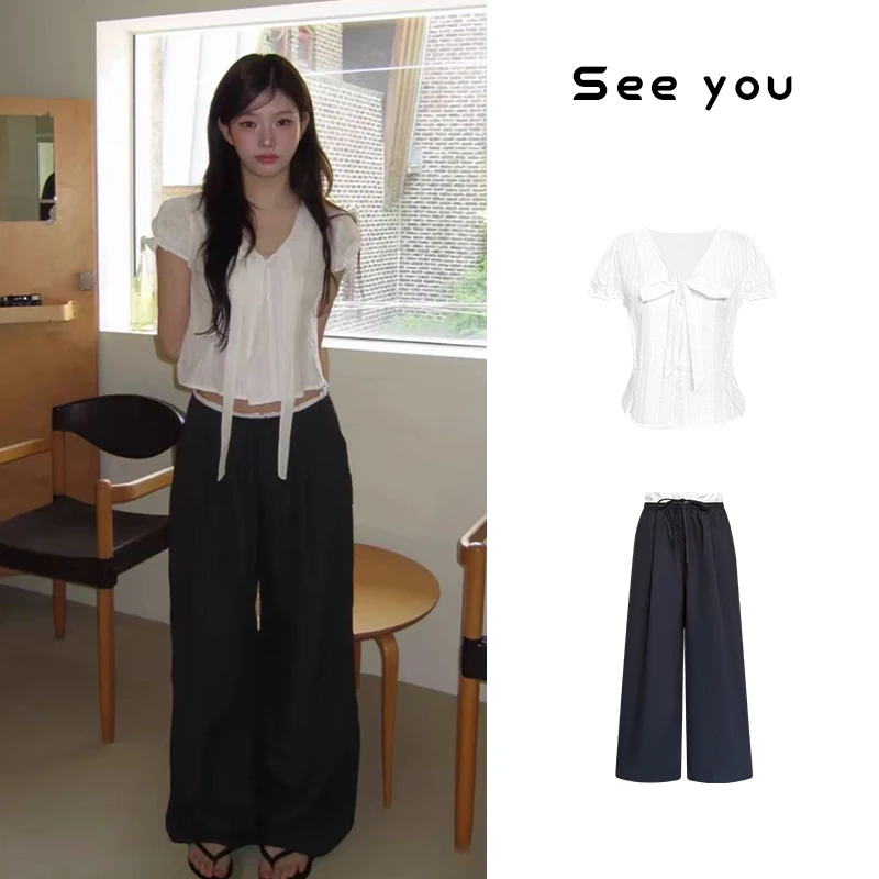 甜美短款蝴蝶结绑带泡泡袖衬衫+木耳边休闲直筒阔腿裤X1041+X1042