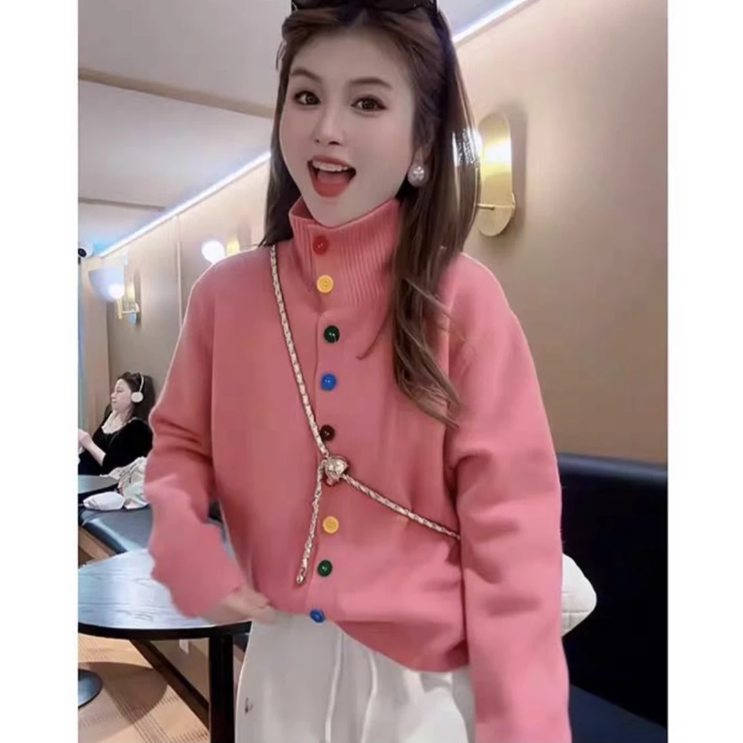 彩色纽扣高领针织毛衣外套女冬季2024新款宽松韩系开衫上衣潮