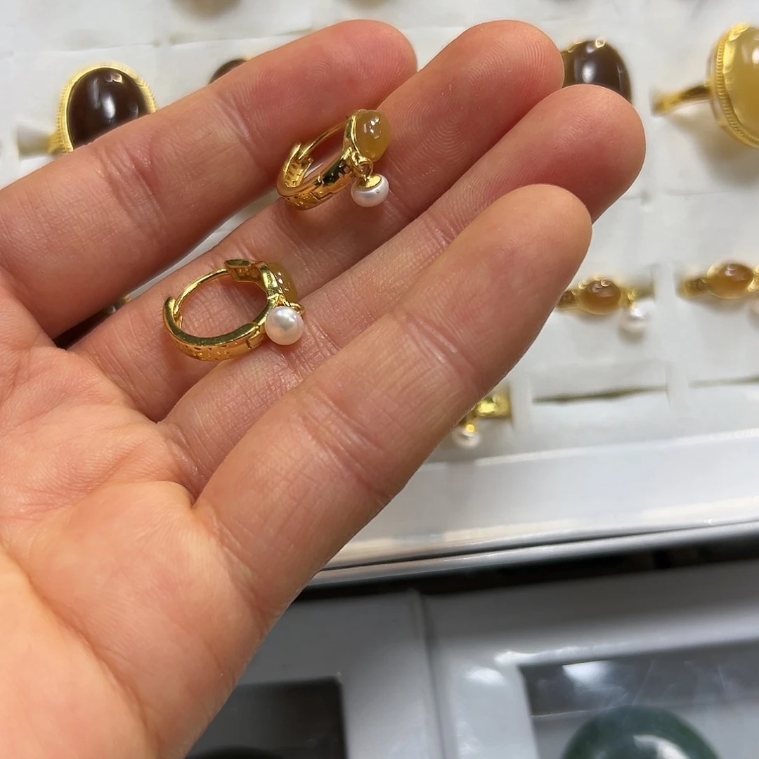 和田玉耳饰银S925镶嵌?*灵