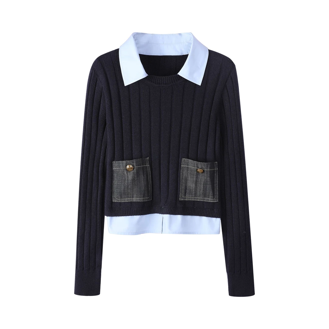 学院风假两件牛仔袋拼接百搭针织衫2108