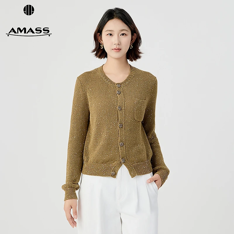 阿玛施AMASS新款简约淡雅温柔珠片经典百搭薄款针织开衫女548015