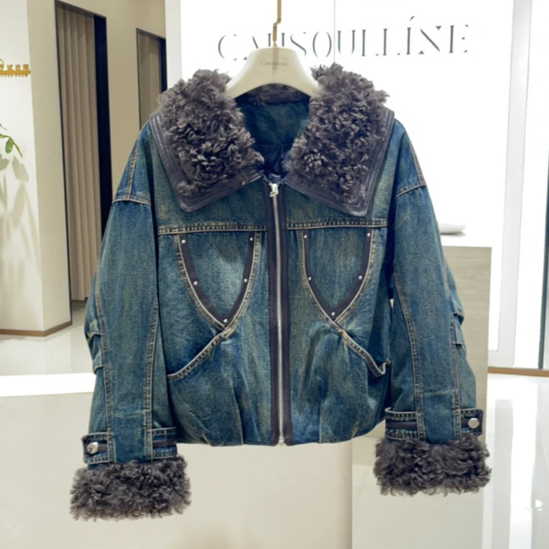 高斯雪岚柚盐冬季新款女装翻领羊羔毛拼牛仔撞色短款