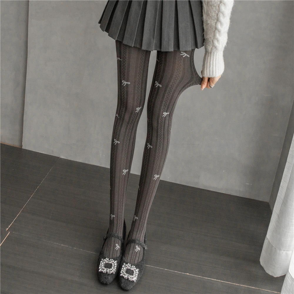 甜美蝴蝶结连裤袜女2025秋冬款白色打底袜外穿保暖显瘦灰色打底裤