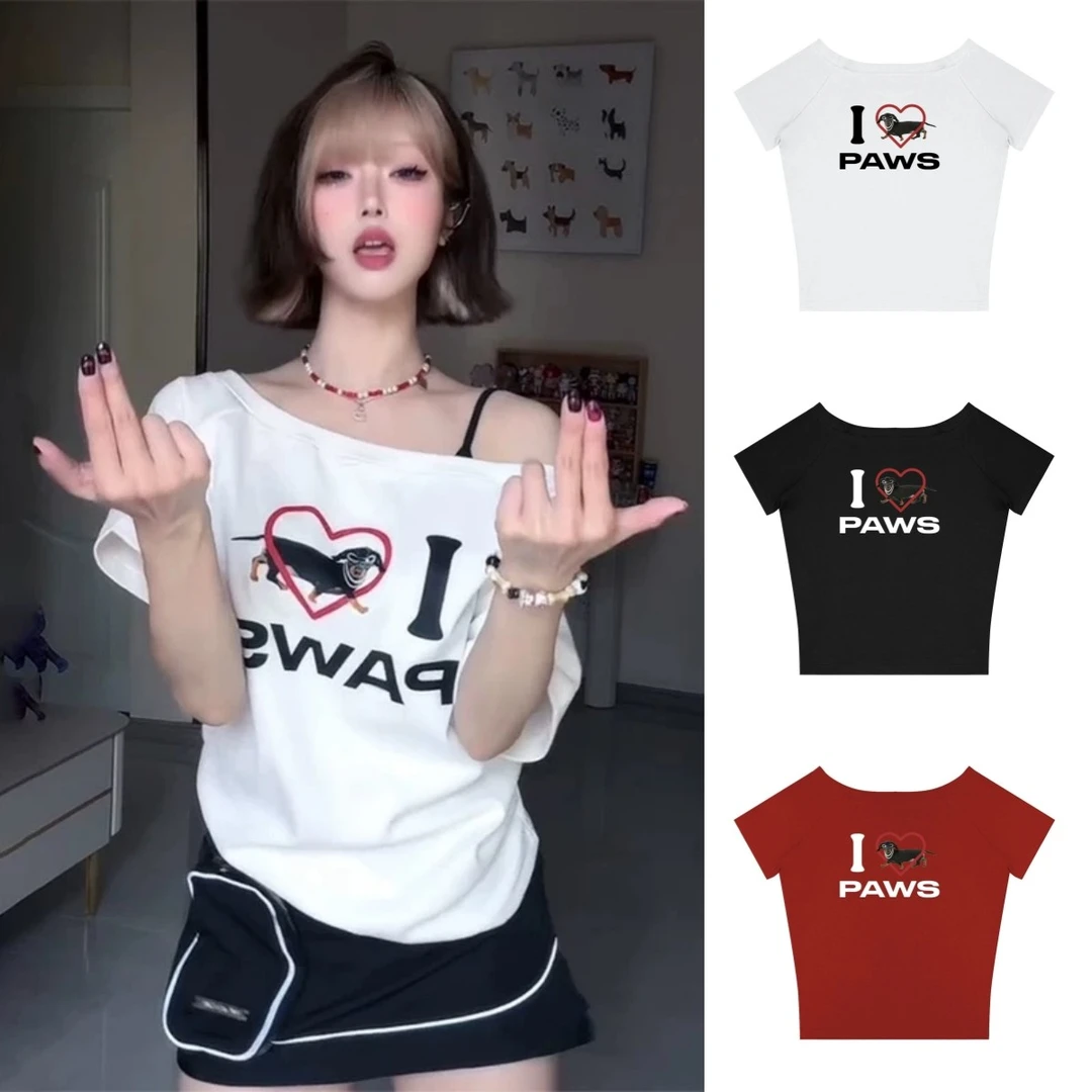 美式辣妹斜肩t恤女夏季字母印花设计感白色短袖宽松显瘦露肩上衣