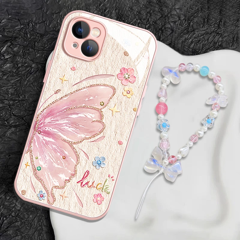 适用【苹果/华为/荣耀/OPPO/vivo】油画蝴蝶粉底液态玻璃手机壳
