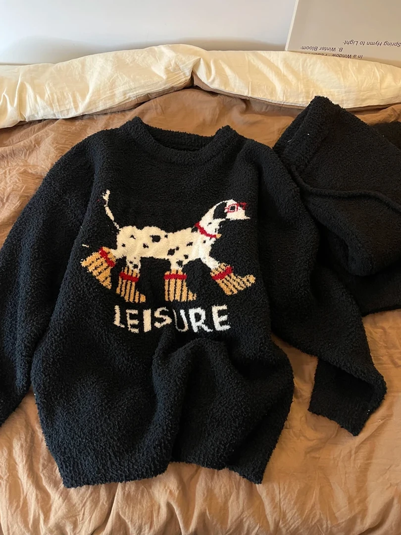 趣味斑点小狗半边绒睡衣女冬季新款保暖长袖长裤亲肤家居服套装