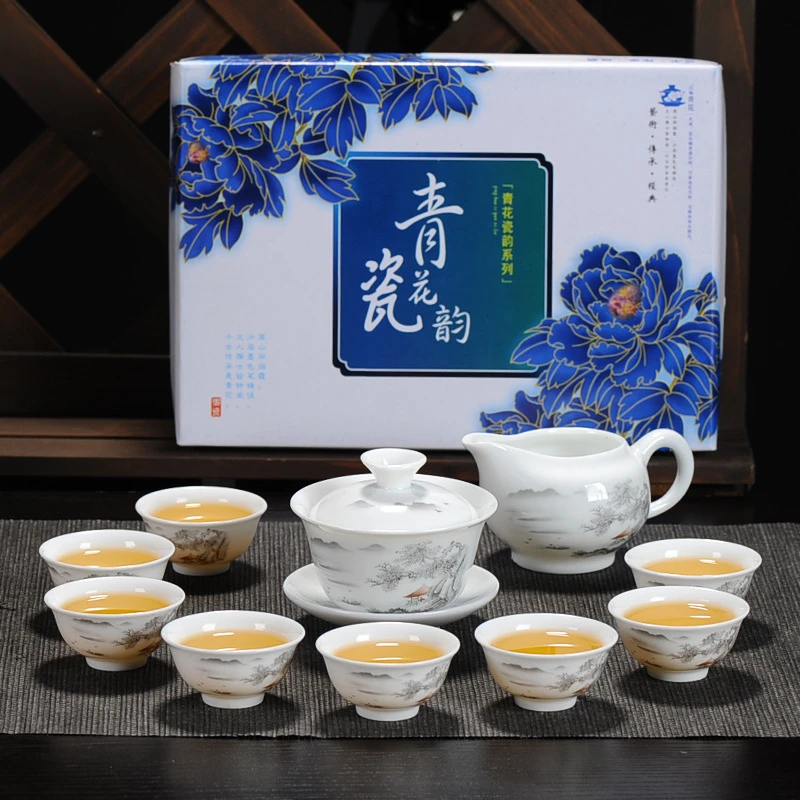 功夫茶具套装陶瓷茶杯白瓷整套青花茶杯盖碗茶具