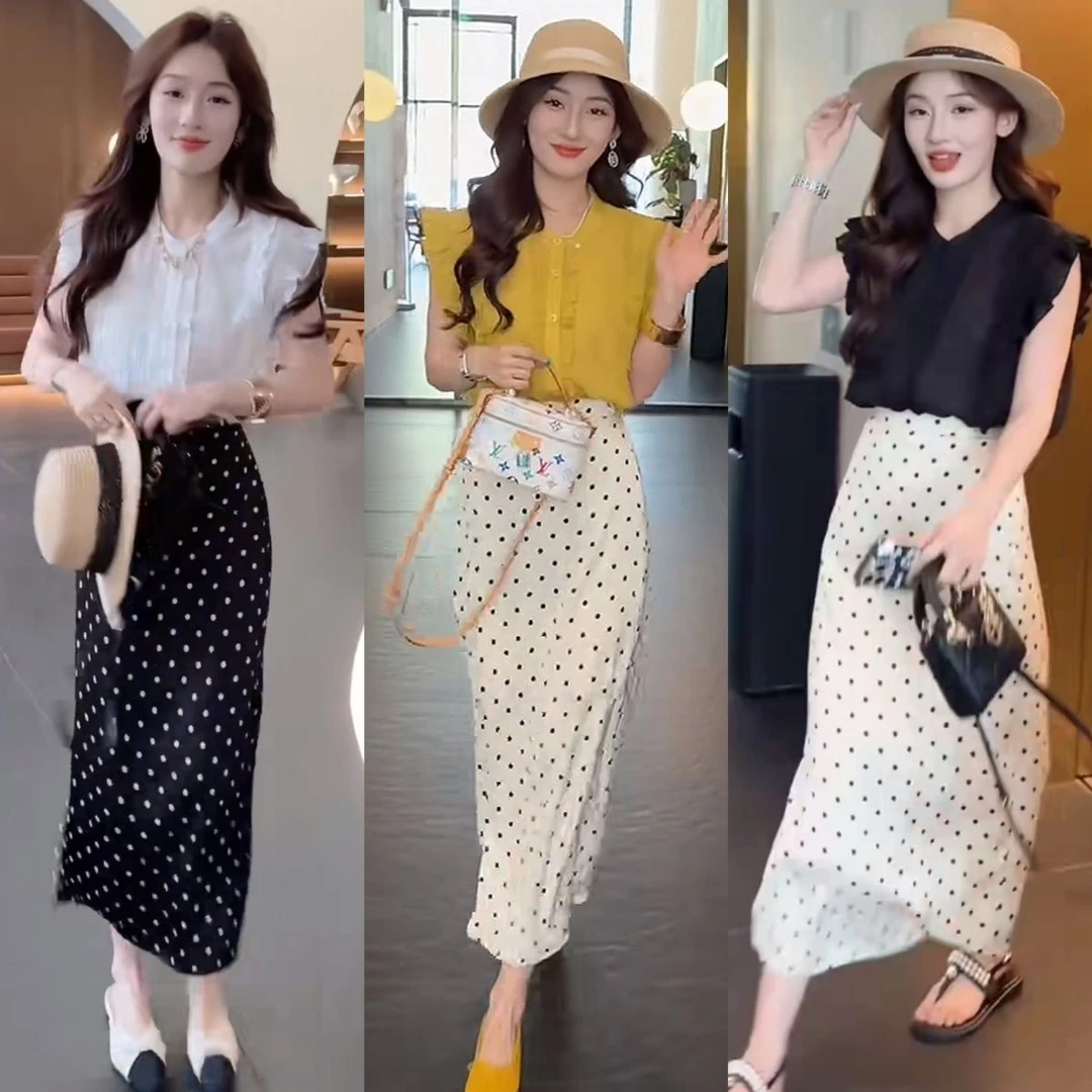 今年流行穿搭一整套2025新款褶皱花边小飞袖上衣波点半身裙两件套