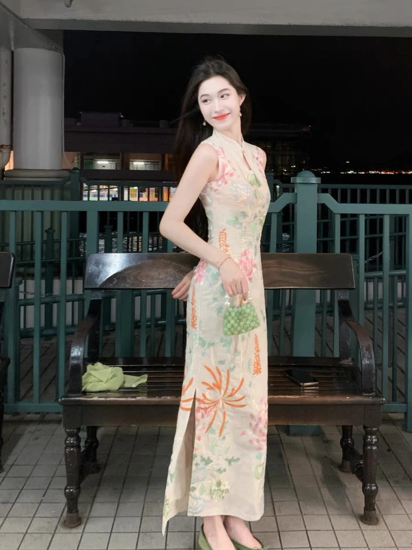 新中式国风爆竹绣花改良旗袍夏季女镂空连衣裙
