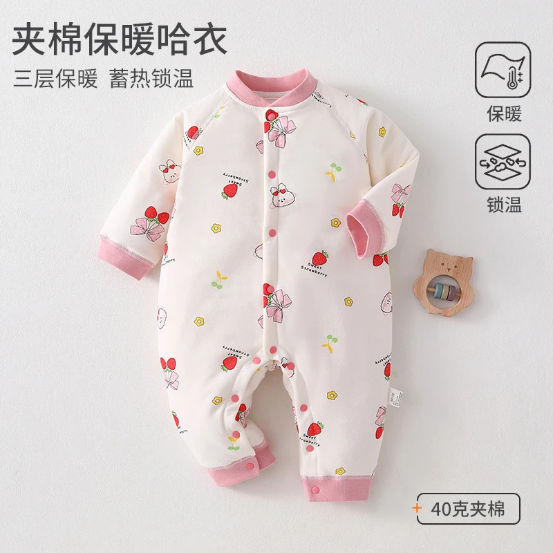 秋冬季婴儿夹棉连体衣男女宝长袖爬服新生儿外出衣服加棉加厚哈衣